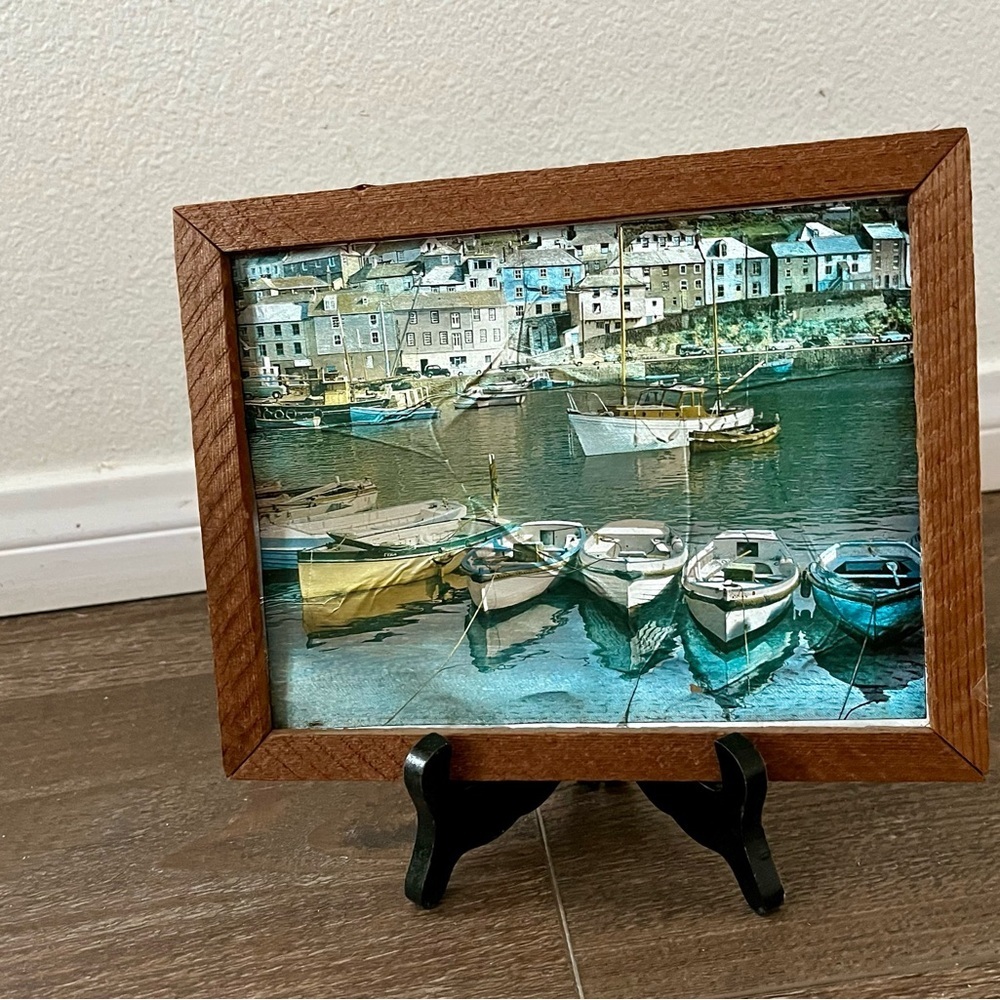 Vintage Oil Painting On Foil Picture Of Small Boats, UK Print 7/9 Inch